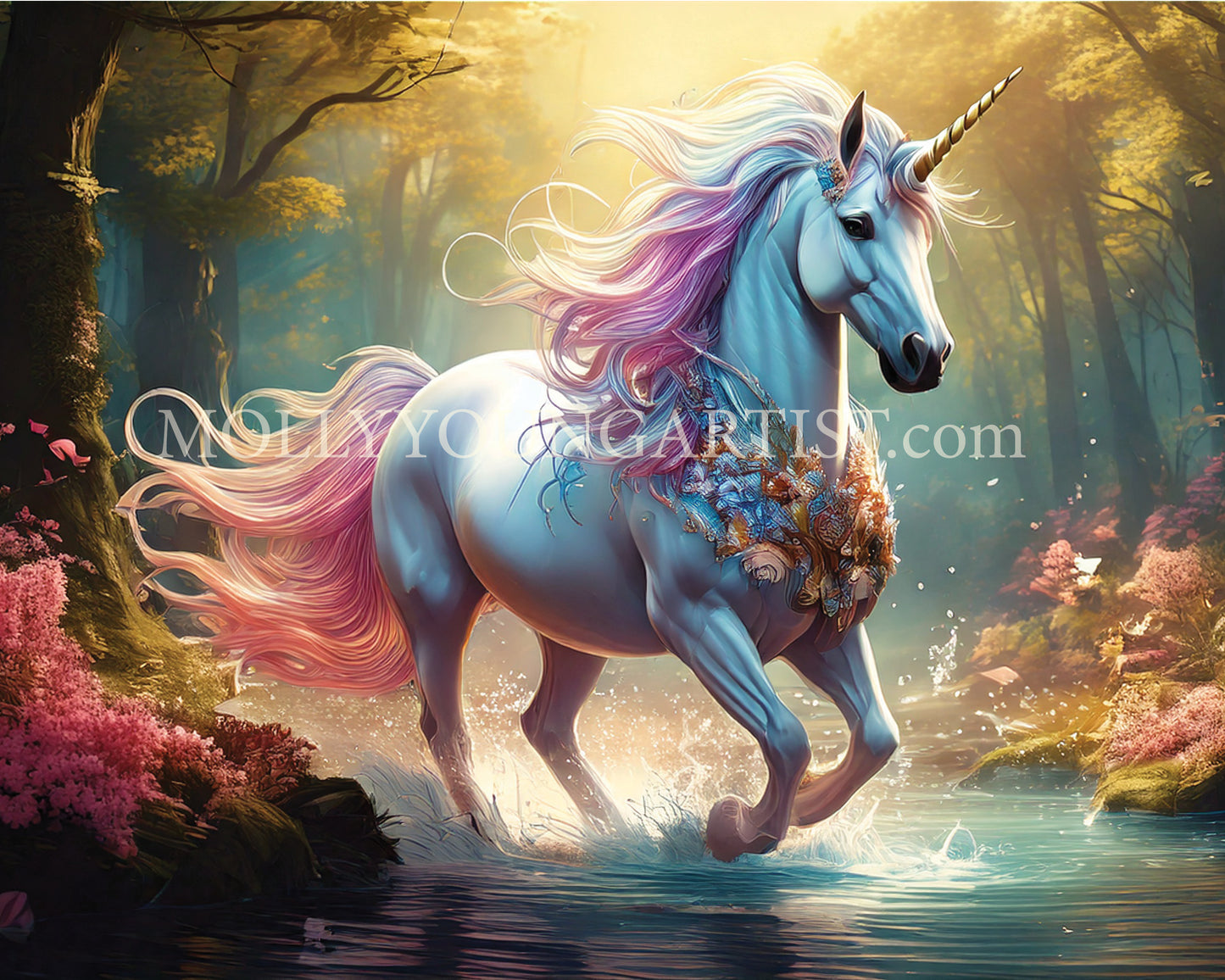 Unicorn Galloping -  Watercolor Surreal Rendering